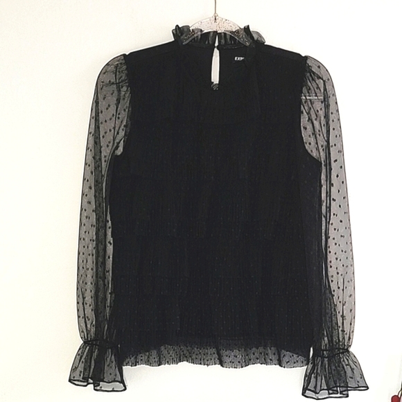 NWOT Express Black Sheer Polka Dot Blouse - Picture 1 of 11